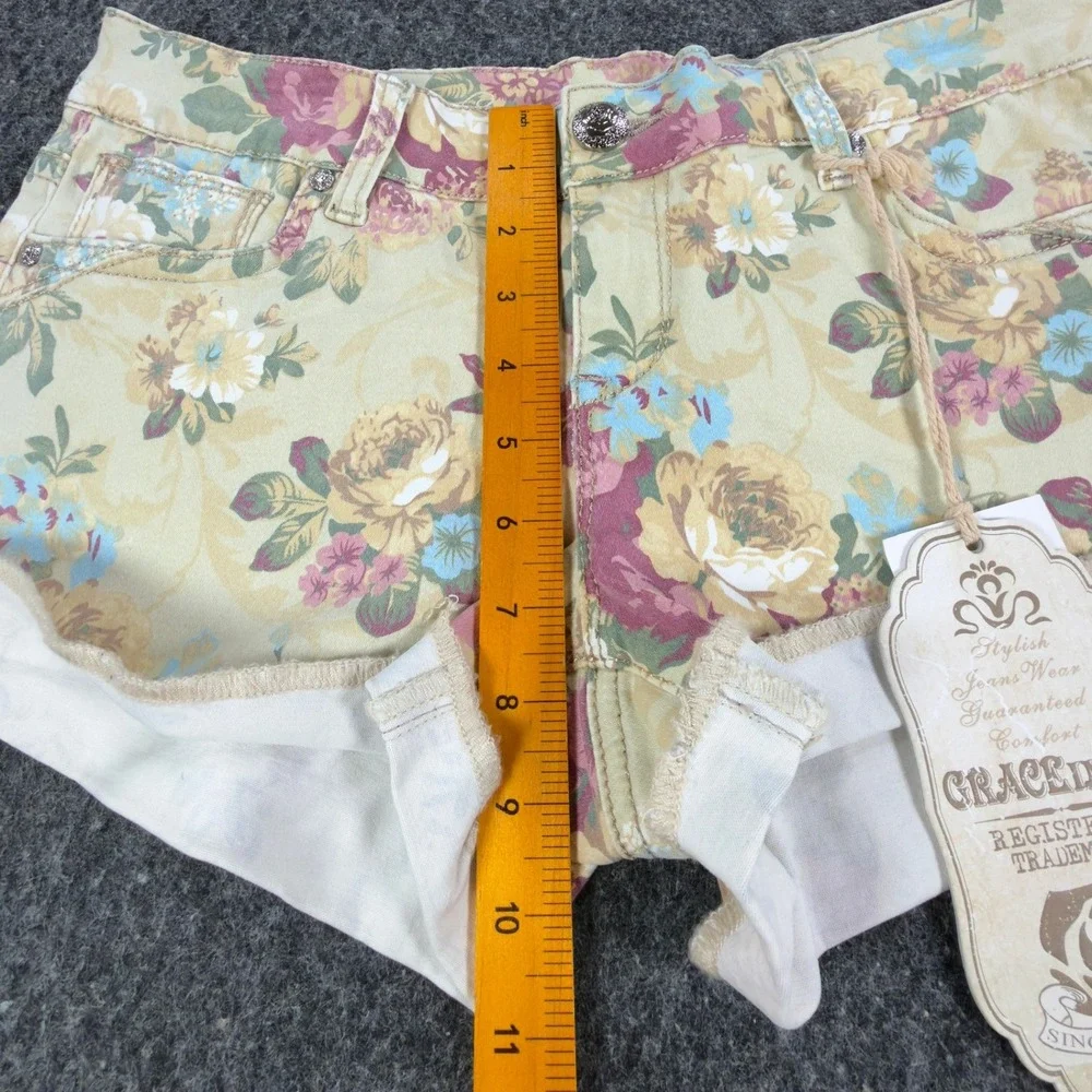 Grace in LA Modern Floral Denim Shorts Juniors 7/27 Yellow NWT